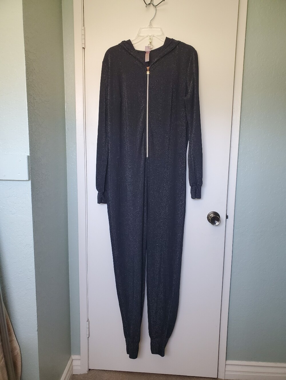 Savage x Fenty Sleep & Shine Womans Hooded Jumpsuit Black Sparkle Sz L Quiet Lux
